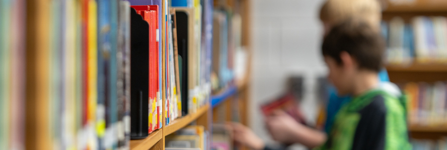 A library bookshelf in the foreground with two Robinson students in the background blurred out, looking for books on the shelves