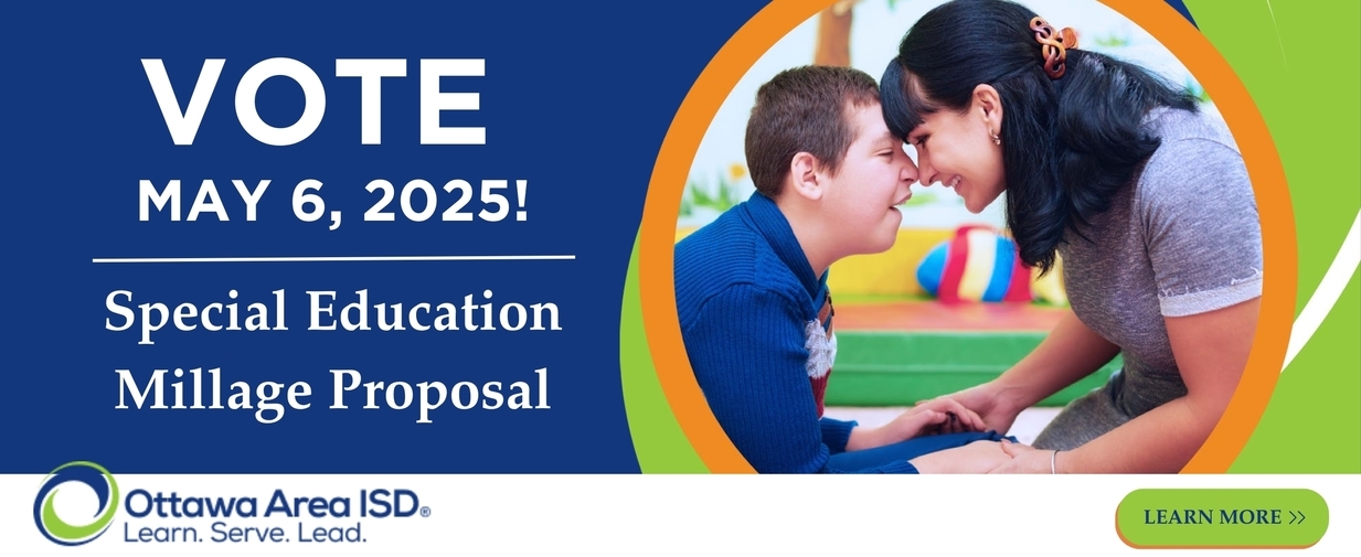 A teacher and student smiling at each other and holding hands with the text VOTE May 6, 2025! Special Education Millage Proposal