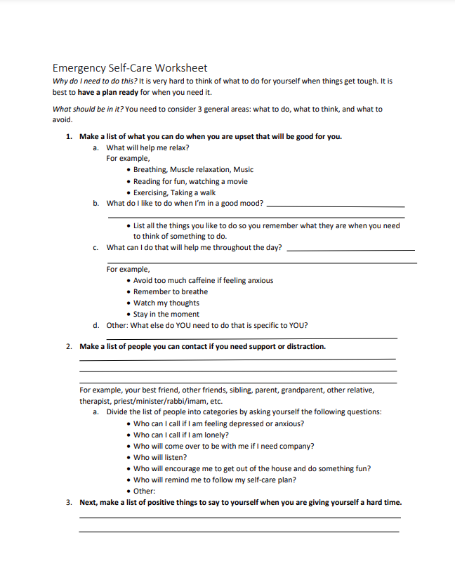 Emergency Self Care Worksheet