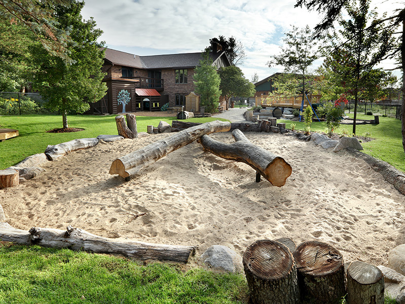 An outdoor playscape featuring a large sand area and log balance beams