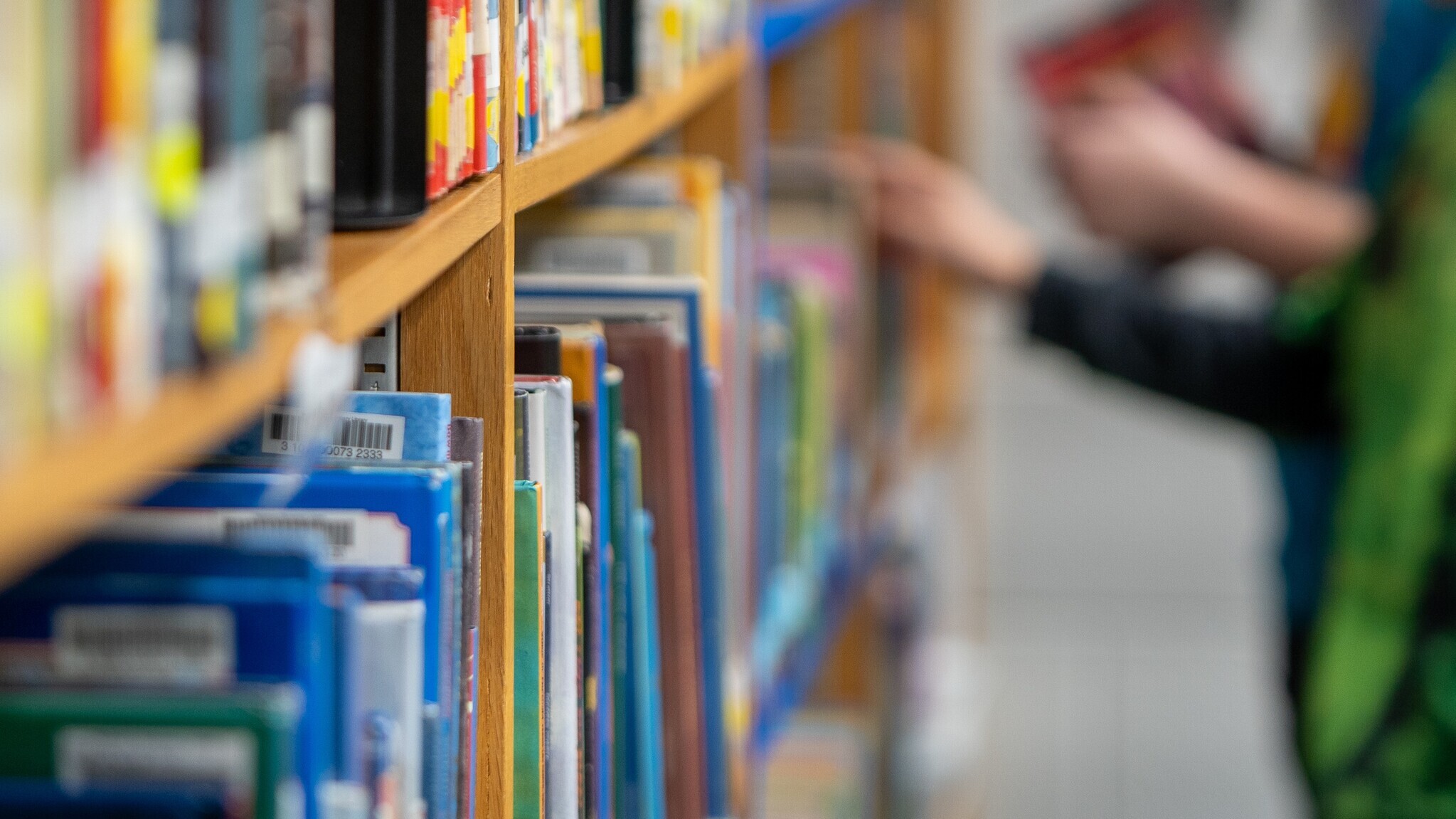 Bookshelf with students looking through books in the background