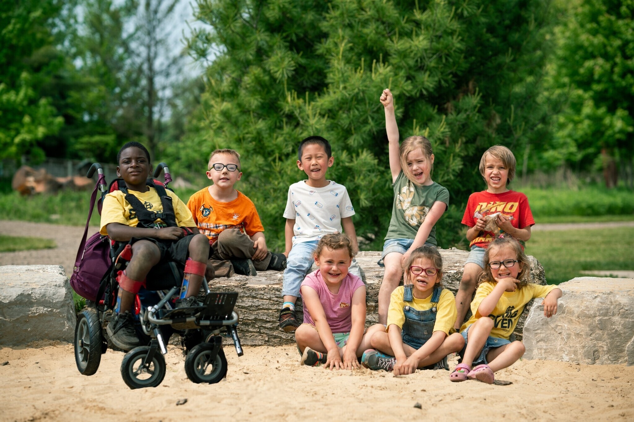 Young students posing on a log in a sandbox