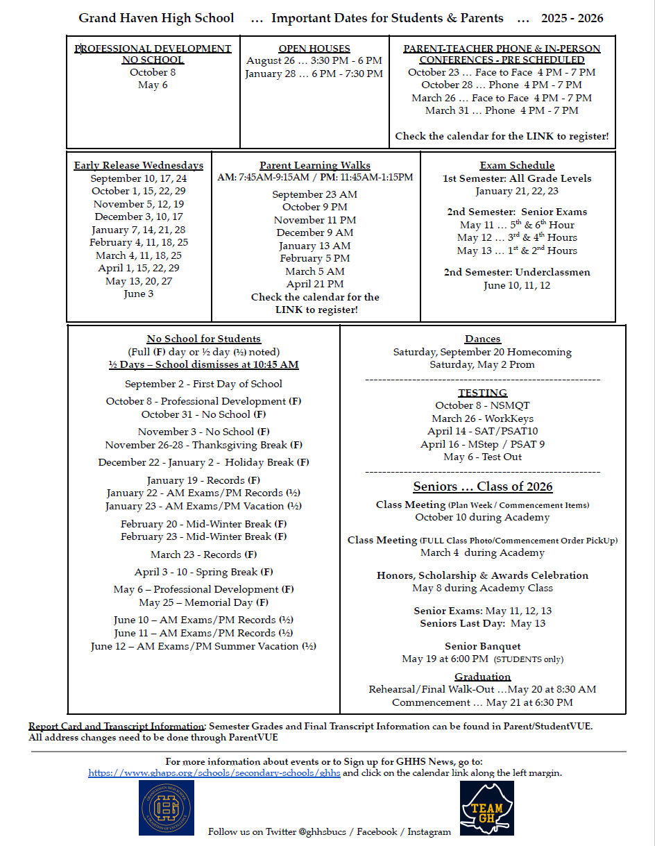 Important dates for parents and students