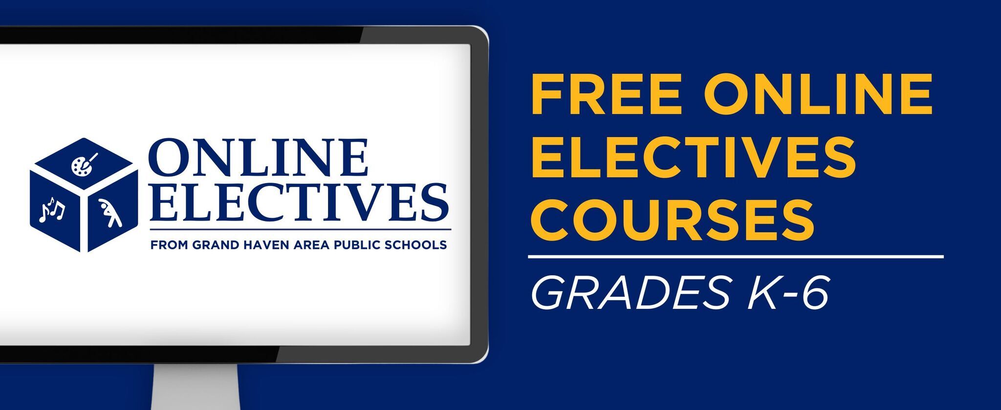 Online Electives logo on a computer screen, plus the text: Free Online Electives Courses Grades K-6